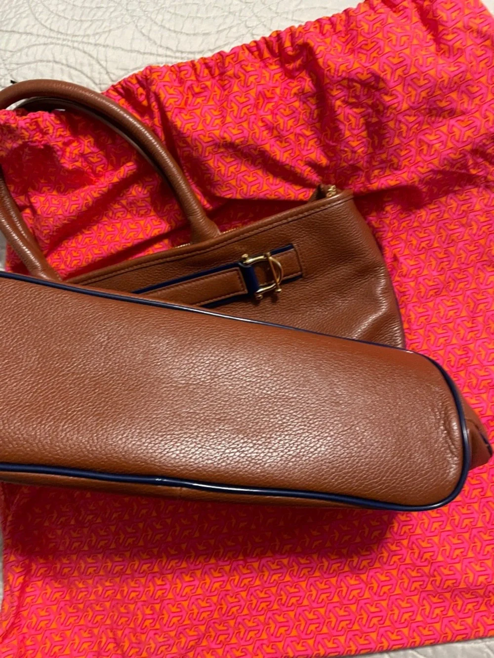 Tory Burch Cognac Jardin Pebbled Leather Tote with Navy Trim - Picture 5 of 11